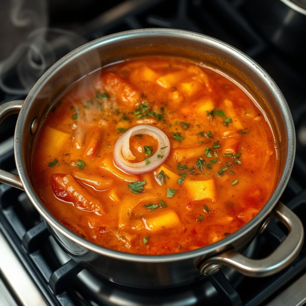 Pot of savoury soup with herbs