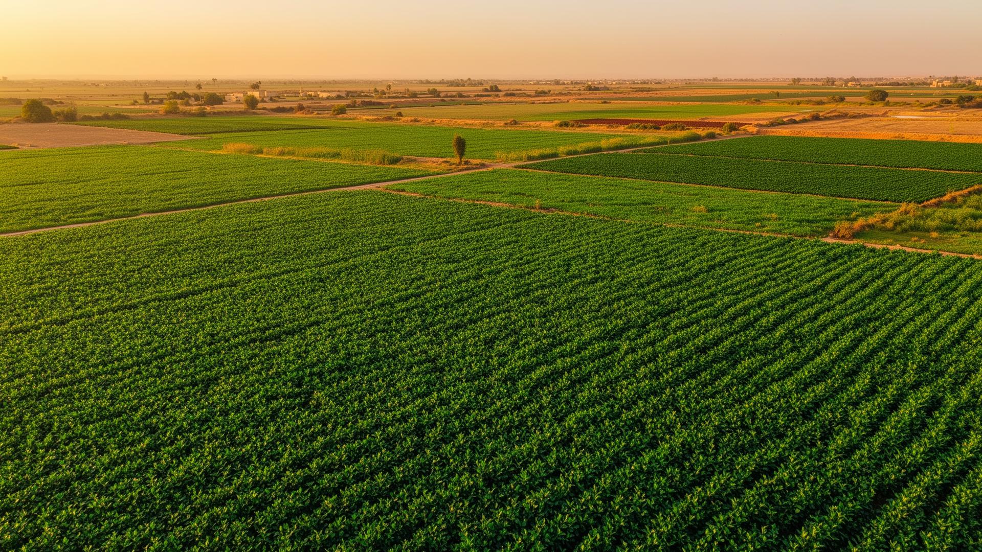 Aerial view of fertile Egyptian farmland at golden hour
